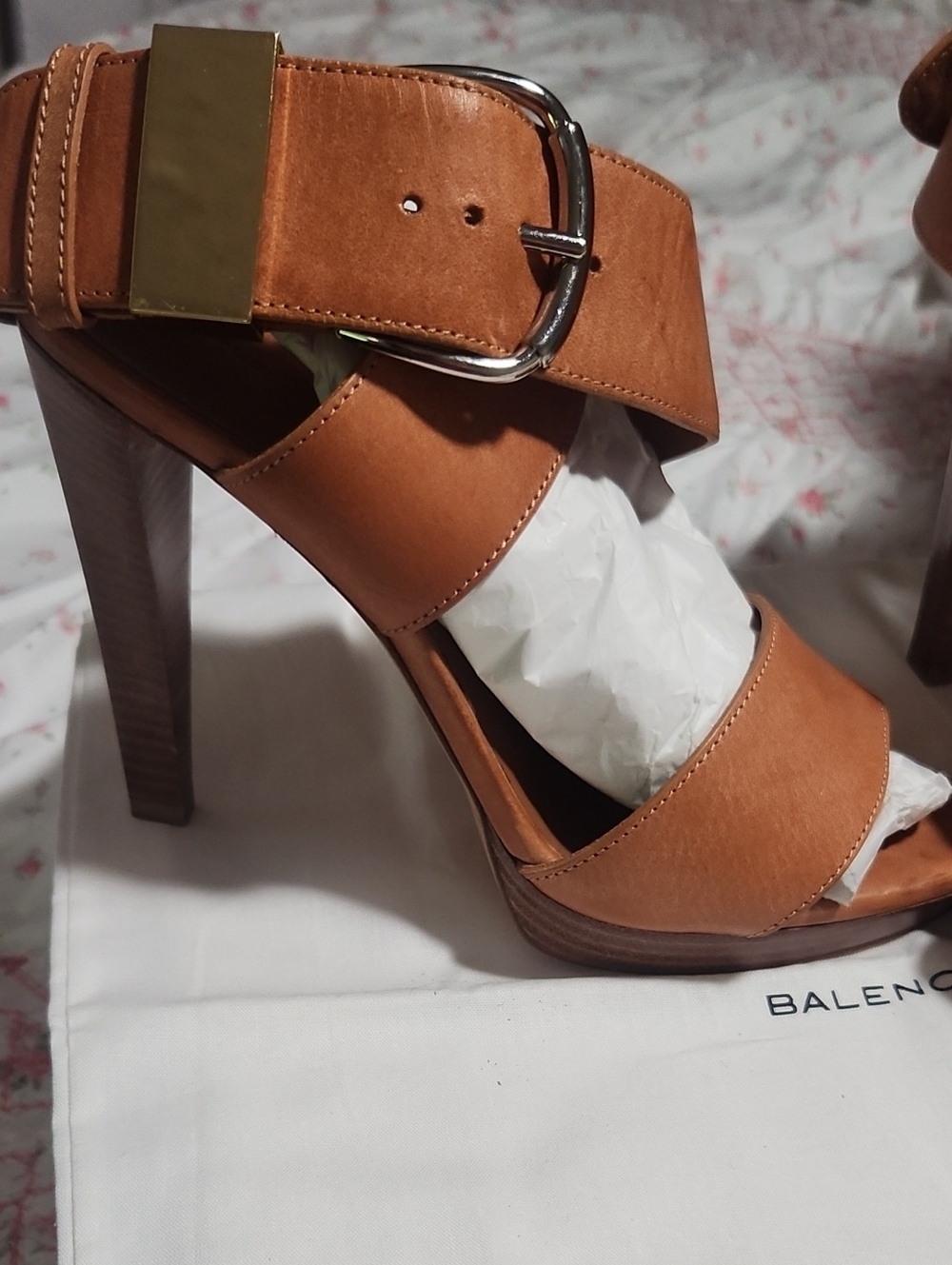 Balenciaga Tan Leather High Heel Sandals with Gold Accent